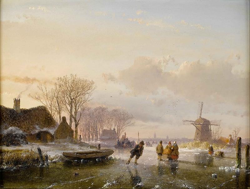 Andreas Schelfhout Skaters and figures on a frozen river Germany oil painting art